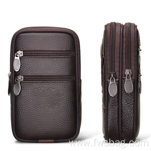 Little brown men leather mobile phone bag double top layer leather belt mobile phone purse 7 inch multifunctional wallet credit